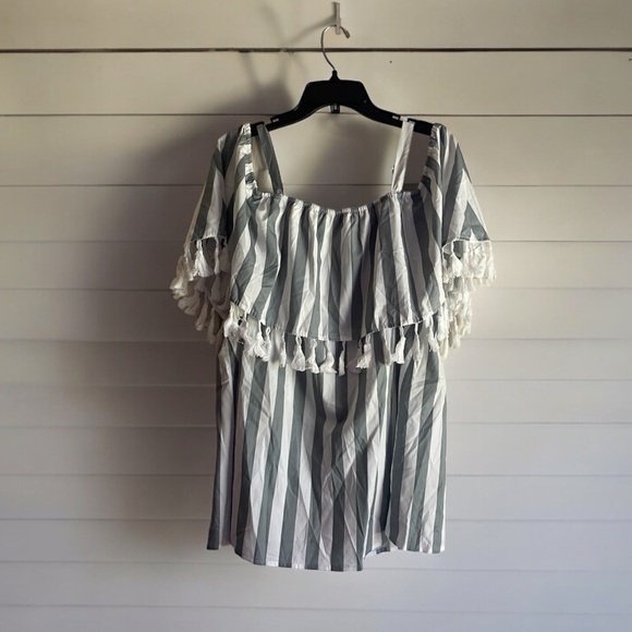 SOLD Bloomchic Women's Size 18-20 Green & White Striped Cold Shoulder Top - Picture 5 of 11